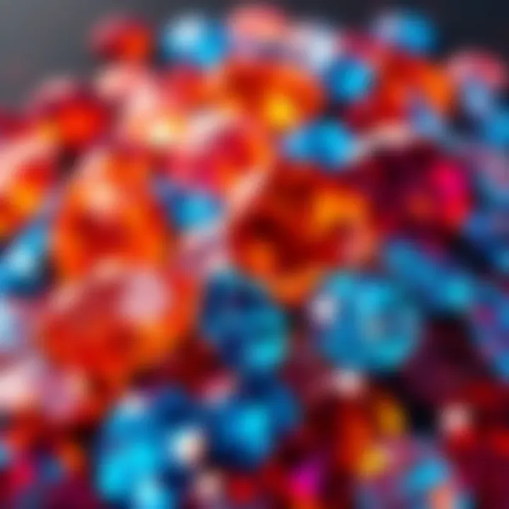 A display of blue, orange, and red diamonds shining under light, showcasing their vibrant colors.