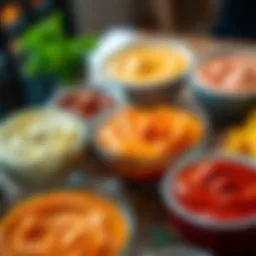 A variety of colorful dips served in bowls, including creamy and zesty options, ready for snacking at a gathering.