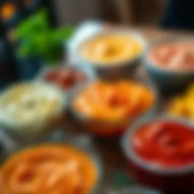 A variety of colorful dips served in bowls, including creamy and zesty options, ready for snacking at a gathering.