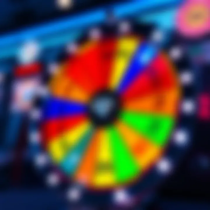 A colorful gaming spin wheel with diamond icons and bright lights, representing excitement in gaming rewards.