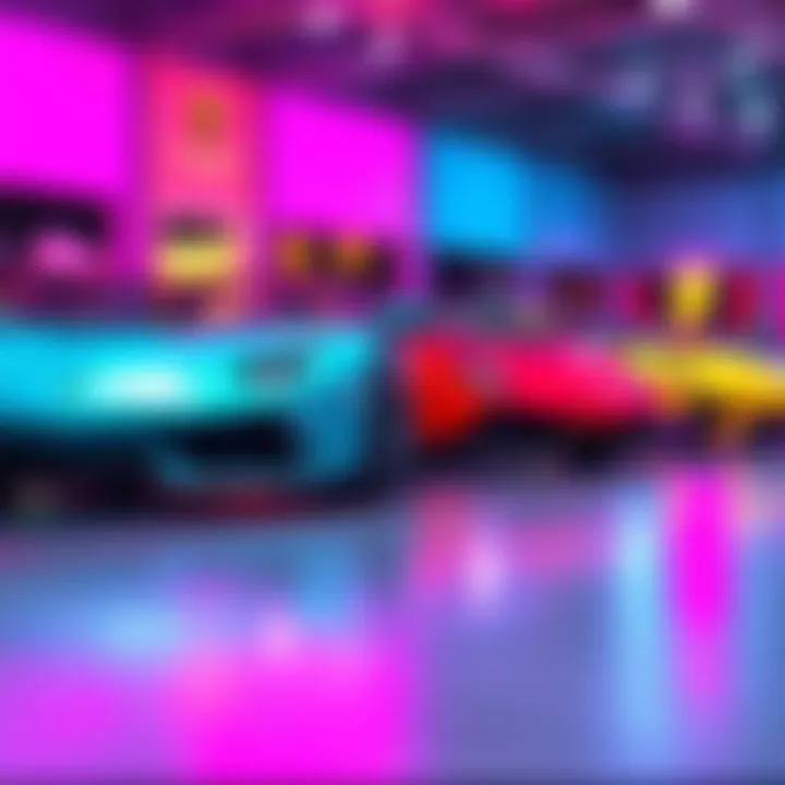 A lineup of vibrant Lamborghinis alongside bright Heelys shoes, showcasing the latest styles and colors in luxury items.
