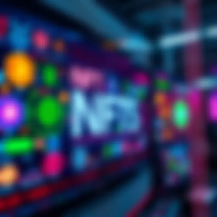 A display showcasing various colorful NFTs with unique designs, symbolizing the future of digital assets.