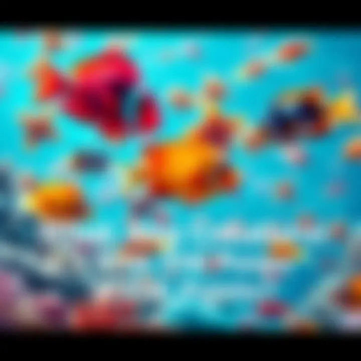 A variety of colorful sea creatures including fish, starfish, and corals swimming together in a vibrant ocean scene.