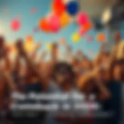 People celebrating a comeback A group of diverse people cheering and celebrating a resurgence event, with balloons and banners in the background.