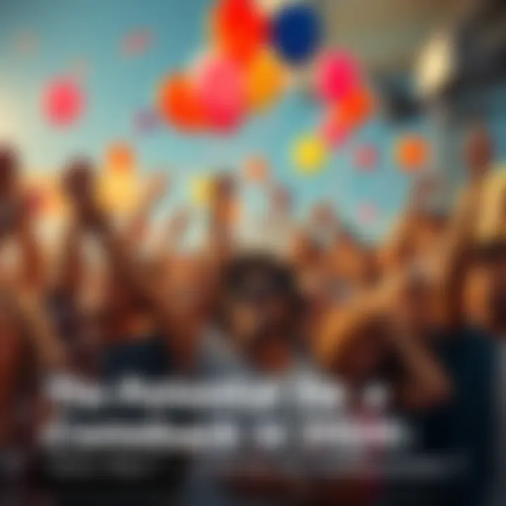 People celebrating a comeback A group of diverse people cheering and celebrating a resurgence event, with balloons and banners in the background.