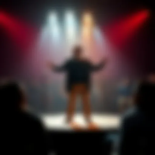 A comedian performs on stage with a spotlight, while the audience reacts with laughter, symbolizing the risks of modern comedy.