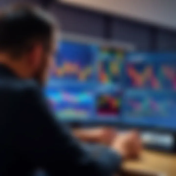 A trader analyzing charts and graphs related to oil and gold prices on a computer screen.