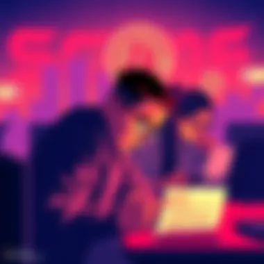 Illustration showing people reviewing fake job ads and receiving scam messages related to cryptocurrency
