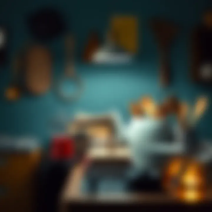 A collection of various household items like a lamp, books, and kitchen utensils on a table