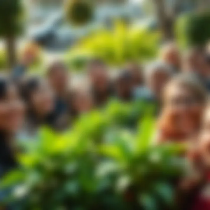 People gathered outdoors celebrating the return of green plants and positive growth after a drought. Smiling faces and lush greenery surround them.