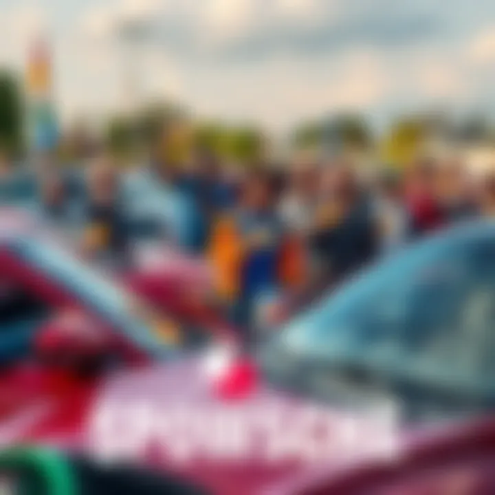 A diverse group of people come together, showcasing their cars while holding $POWSCHE tokens, highlighting community spirit.