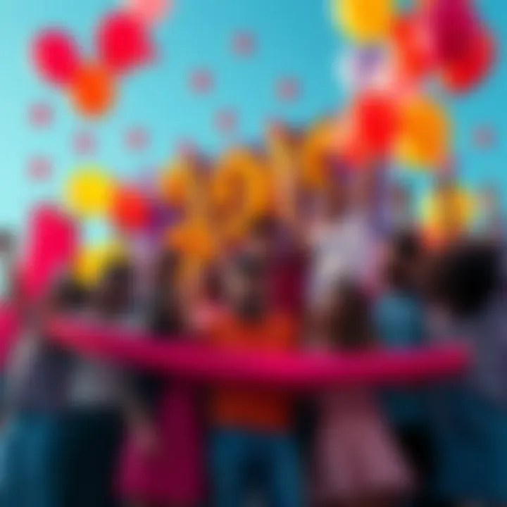 A group of diverse people celebrating with balloons and banners, representing a milestone achievement in the community.