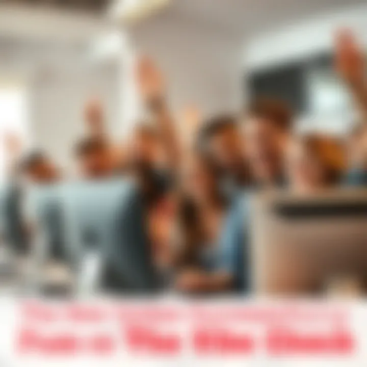 A group of people smiling and celebrating around computers, showing excitement for a new software update