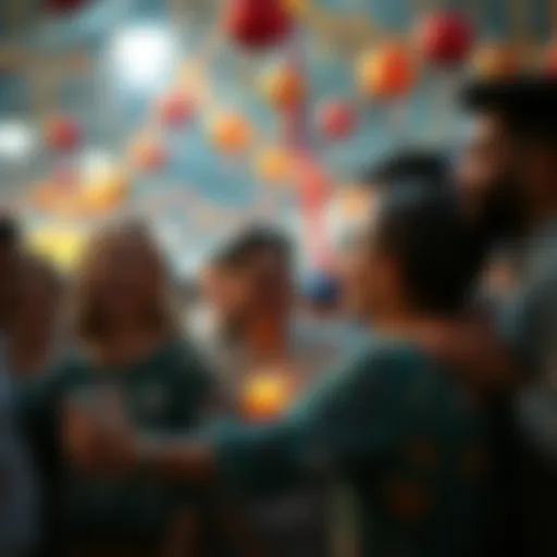 A joyful crowd enjoying a festive event with decorations and smiling faces, capturing the spirit of togetherness.