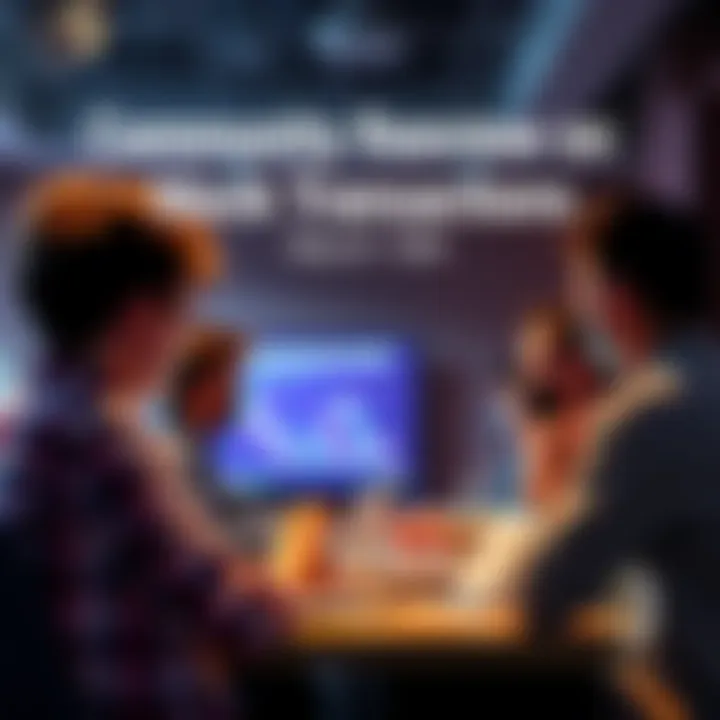 A group of people discussing mock transactions at a community code review meeting.