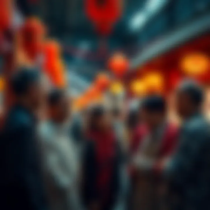 A group of people engaged in a lively discussion about market trends, with festive decorations for Chinese New Year in the background.