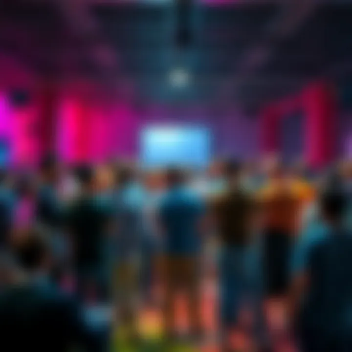 A diverse group of people interacting and discussing ideas in a vibrant forum setting, showcasing community engagement and participation.