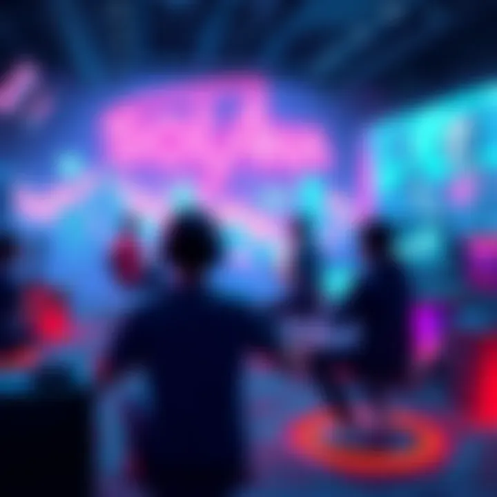 A vibrant gaming scene showing players interacting in a virtual environment without financial rewards, using SOLANA for authentication.