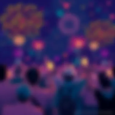 A vibrant illustration showing people celebrating new advancements in the community with fireworks in the background.