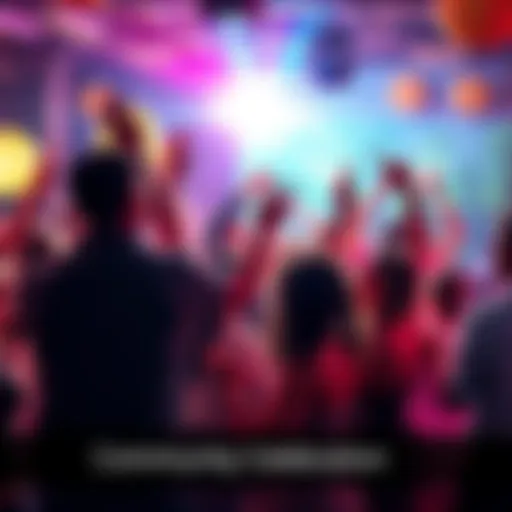 A diverse group of people enjoying a lively party atmosphere, dancing and socializing together, celebrating shared interests.