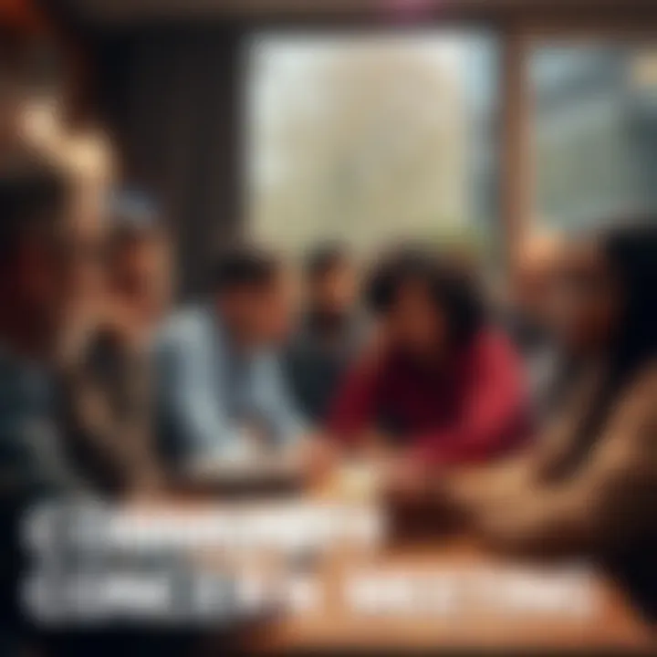 A group of people discussing issues in a community meeting, showing signs of worry and engagement.