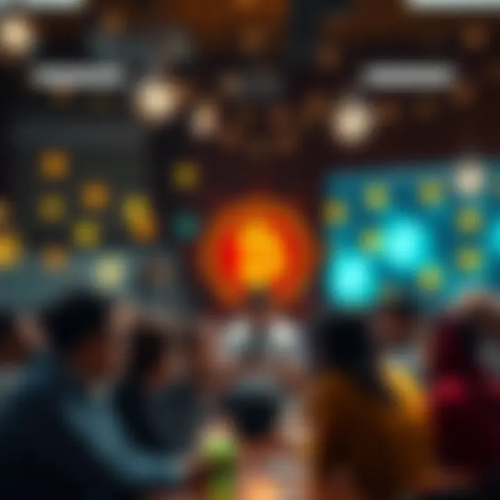 A group of diverse people discussing cryptocurrency in a community setting with digital currency symbols in the background