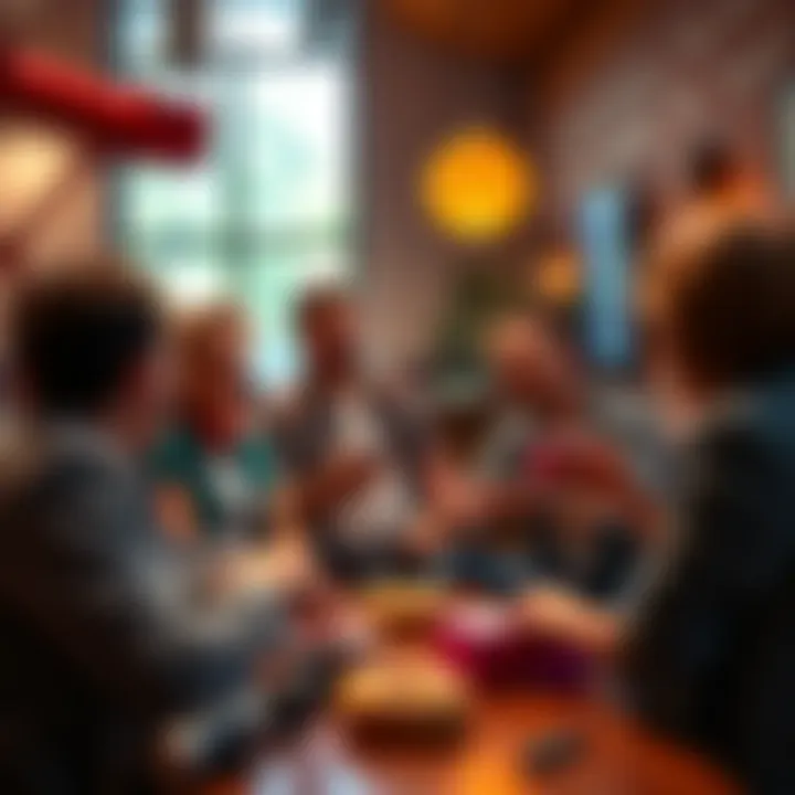 Community discussion with donuts Forum members chatting enthusiastically about various topics, including donuts, in a welcoming setting