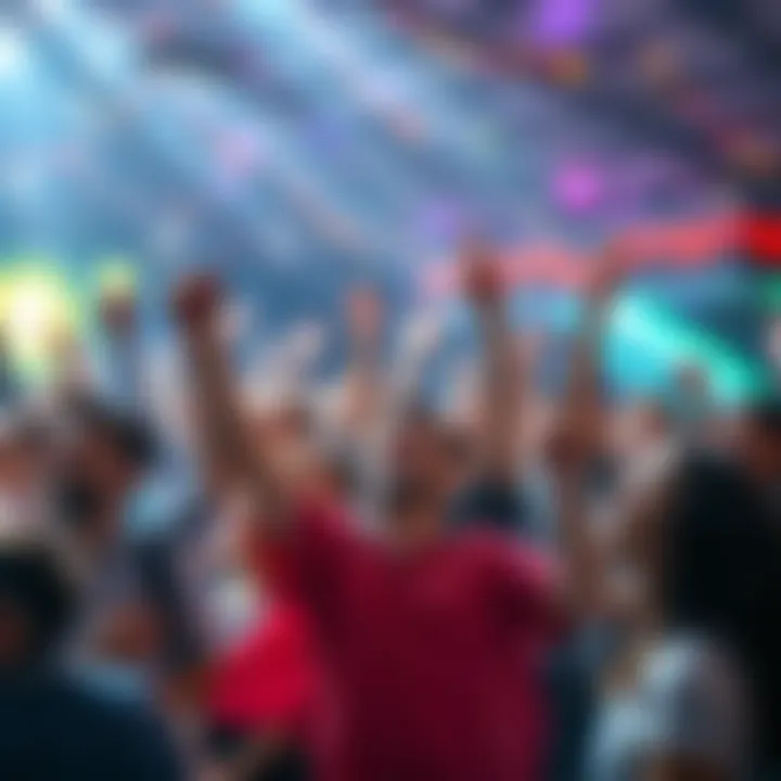 A diverse group of people celebrating and showing enthusiasm for the upcoming all-time high in a lively environment.