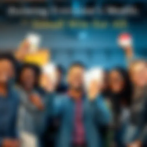 A group of diverse people smiling and holding up small investment documents, showing joy over recent financial growth