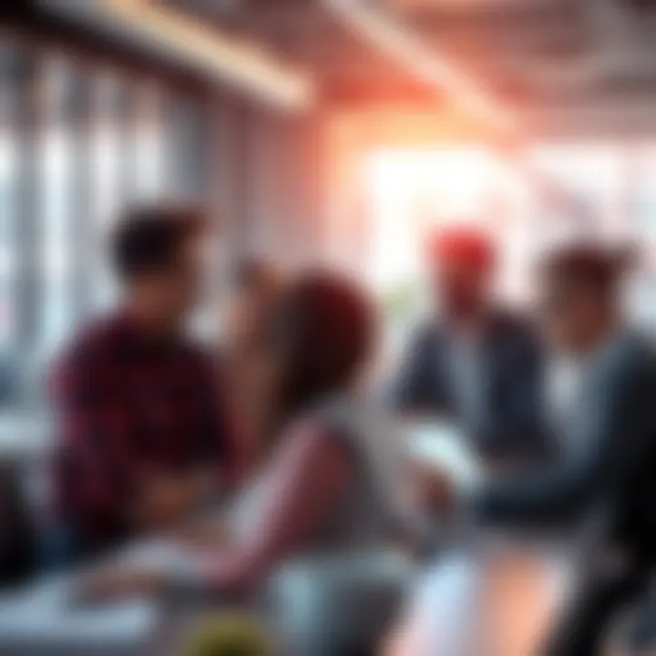 A group of people discussing a tech problem together in a modern workspace, sharing ideas and solutions.