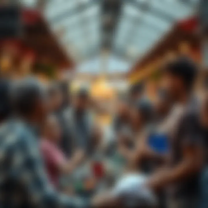 Community Gathering A diverse group of people engaging in conversation and activities in a local market setting, showcasing authentic connections.