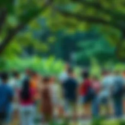 A diverse group of people talking and sharing ideas in a park setting, representing community connections in 2026.