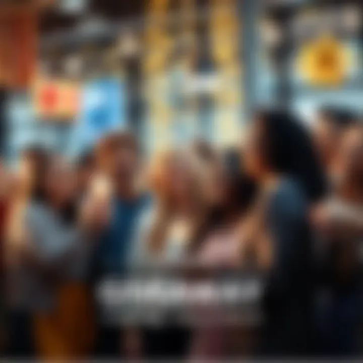 A group of diverse people celebrating together, sharing ideas about wealth, with gift packs in the background