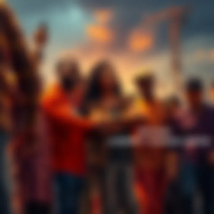 A diverse group of people supporting each other in a tough market, symbolizing resilience and hope for the future.