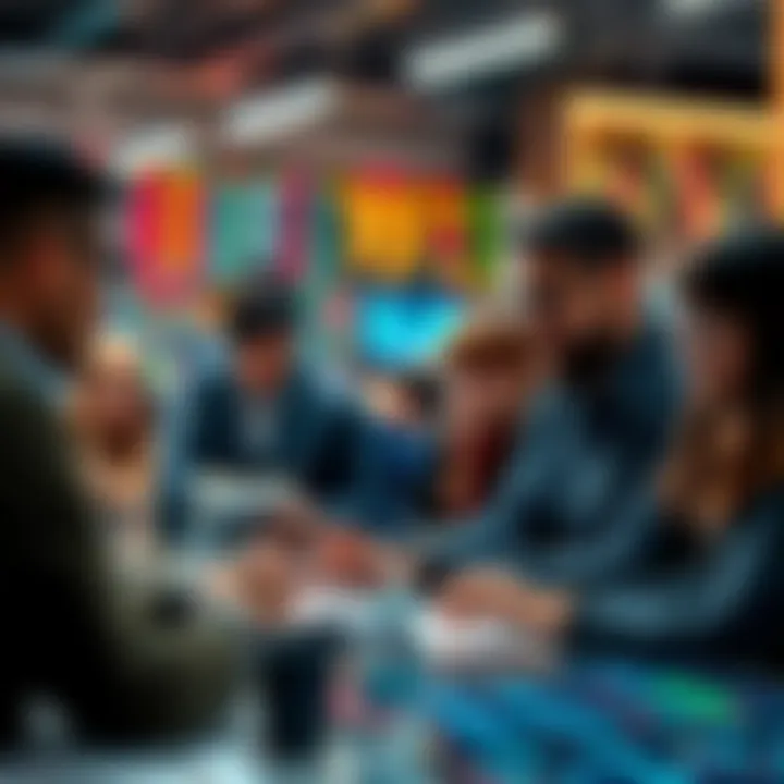 A diverse group of traders discussing strategies for buying and selling in a trading forum.