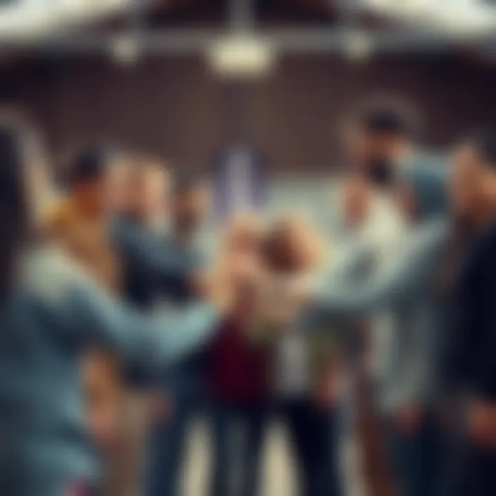 People coming together in a community A diverse group of individuals standing in a circle, smiling and holding hands, symbolizing unity and support in a community setting