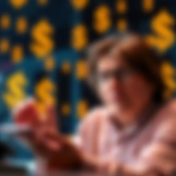 A person analyzing costs related to daily versus weekly purchases, with dollar signs and calculator in the background