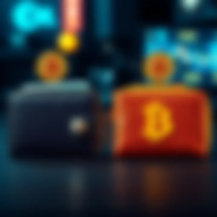 Comparison of Wallet Types Two wallets side by side, one labeled custodial and the other labeled non-custodial, with Bitcoin icons above each.