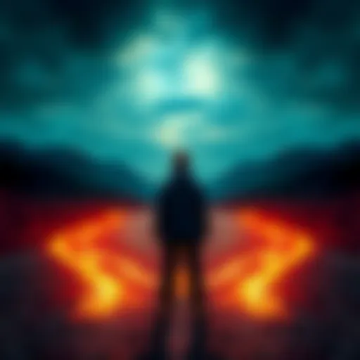 A person stands at a crossroads, looking at two different paths symbolizing the choices in decision-making.