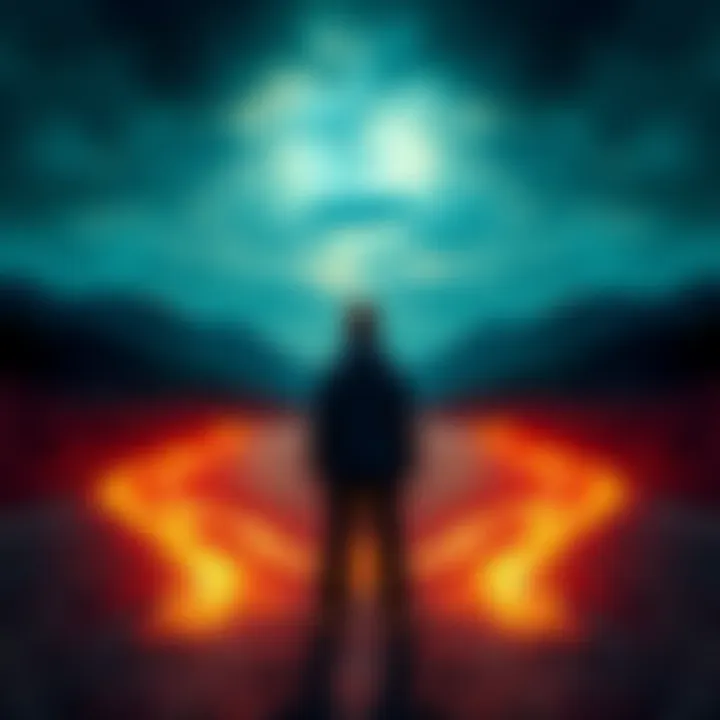 A person stands at a crossroads, looking at two different paths symbolizing the choices in decision-making.