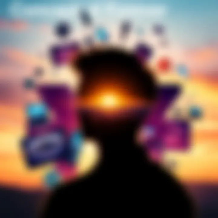 Concept of Forever A person looking at the horizon with symbols of technology and relationships around them, representing the idea of forever in modern life.