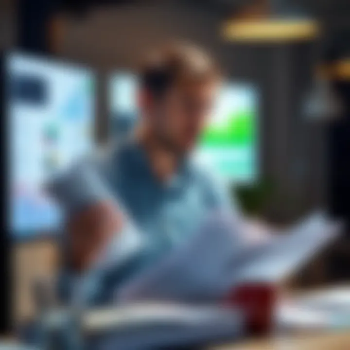 A worried investor holding paperwork, staring at a computer screen with charts and graphs, symbolizing confusion about their investment.