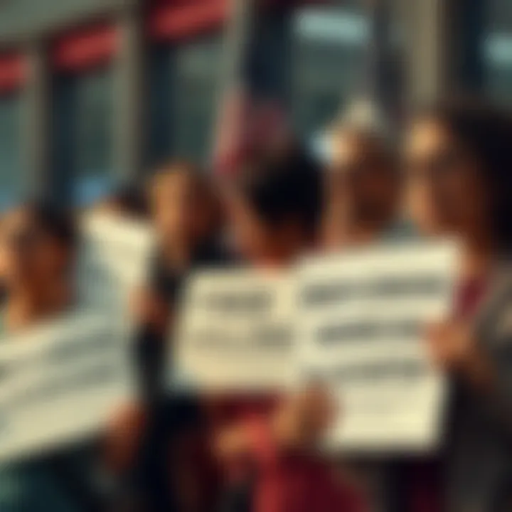 A group of people expressing concern about vague blockchain legislation, holding signs urging Senators to clarify definitions in the Deploying American Blockchains Act. They appear engaged and determined.