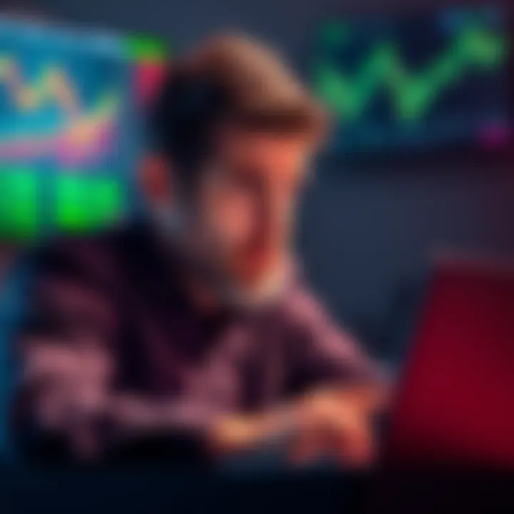 An investor looking worried while checking the performance of the IBIT ETF on a laptop, with financial charts visible on the screen.