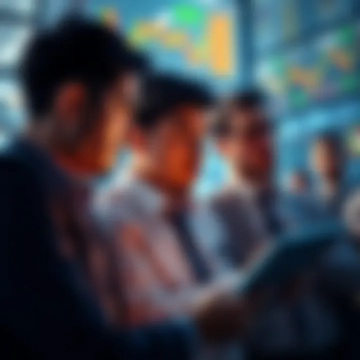 A group of anxious investors looking at stock charts and discussing strategies to hold their investments during uncertain times.