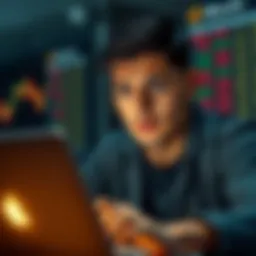 A person with a worried expression checks Bitcoin prices on a laptop