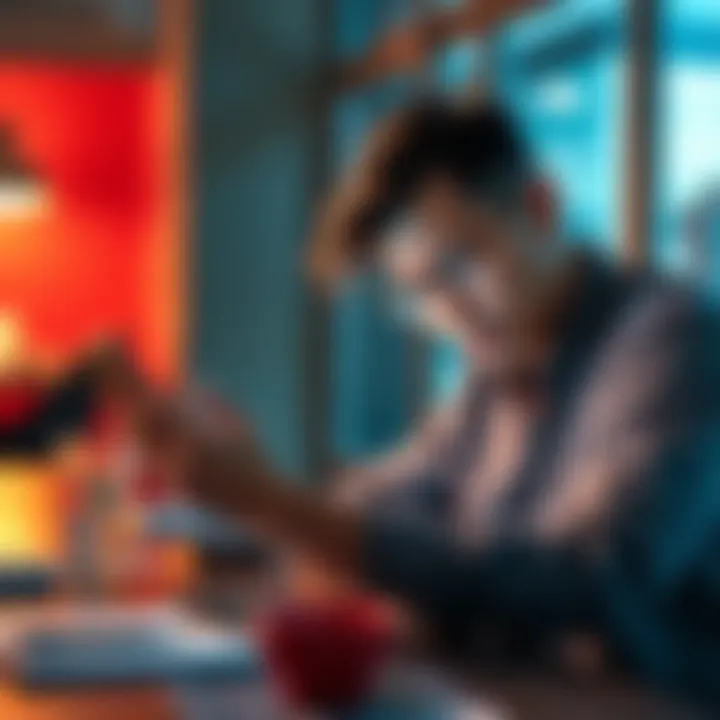 A worried person examines their phone while sitting at a table, showing signs of distress over money.