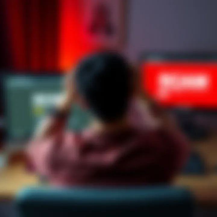 A person with a worried expression sits in front of a computer screen displaying a suspicious website, contemplating a scam. They hold their head in their hands, suggesting frustration and concern abo...