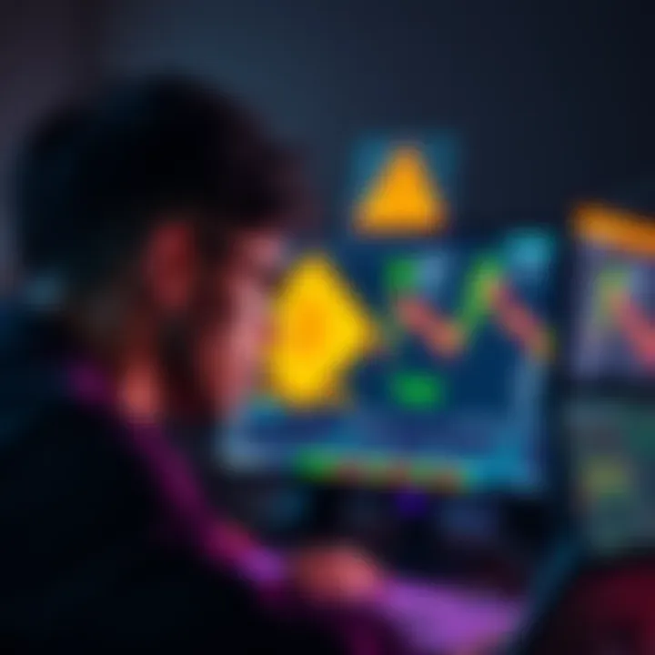 A worried individual gazes at a computer screen displaying cryptocurrency data and warning signs, reflecting the rising concerns in the crypto community about theft by trusted figures.