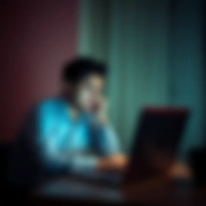 Person sits with a worried expression, staring at a laptop screen, contemplating relationship issues.